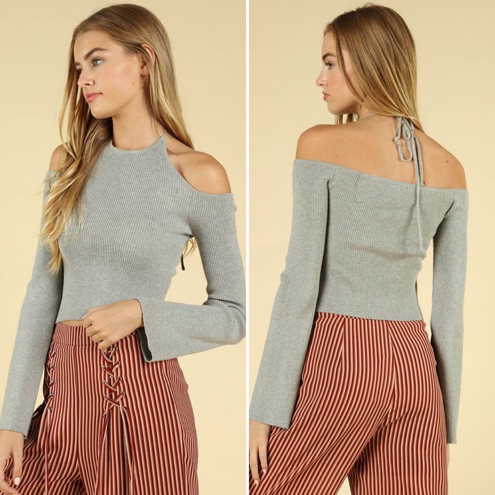 Cold Shoulder Long Sleeve Top - H. Grey